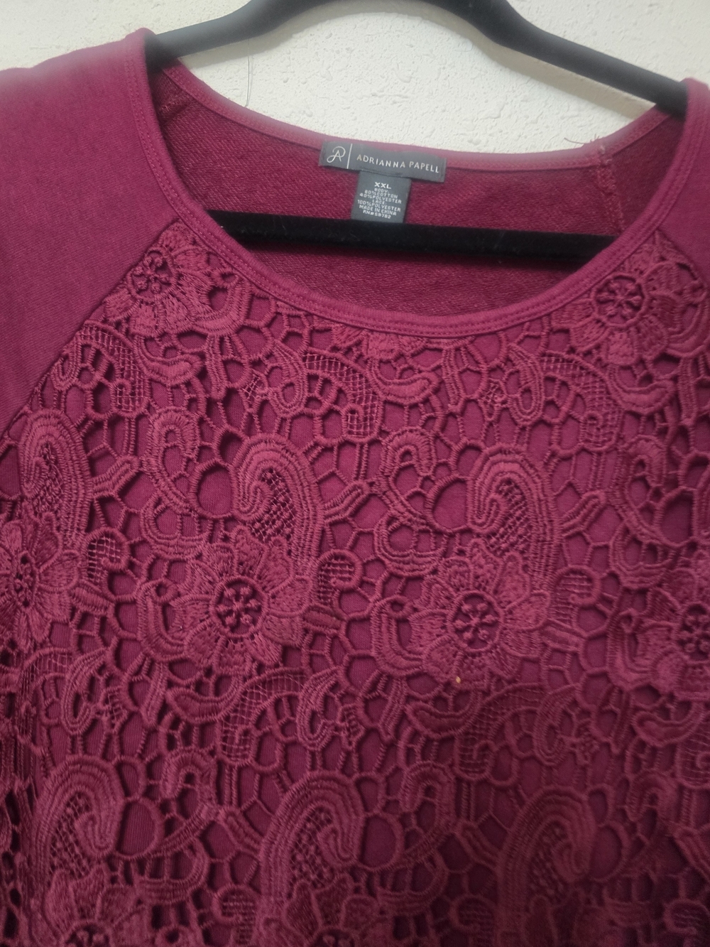 Adrianna Papell Burgundy Lace Front Pullover Sweatshirt - Picture 2 of 5